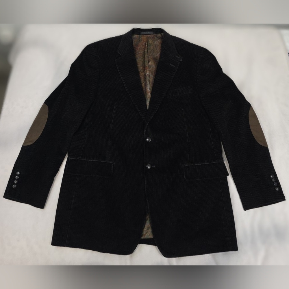 Ralph Lauren Black Corduroy Suede Elbow Patch Blazer Jacket Paisley Lined 44R